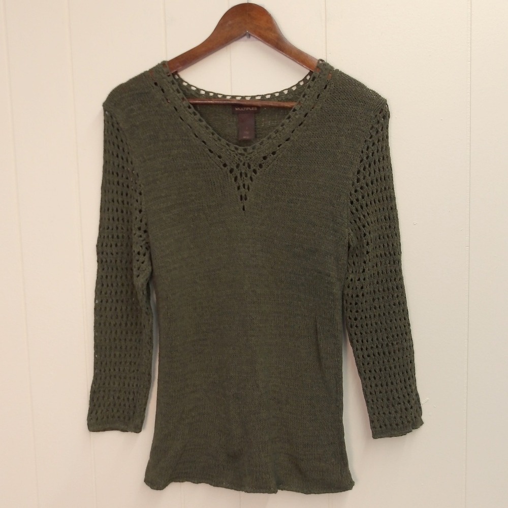 Moss Green V Neck Crochet Sleeve‎ Pullover Sweater Top Women's Size S / #1237